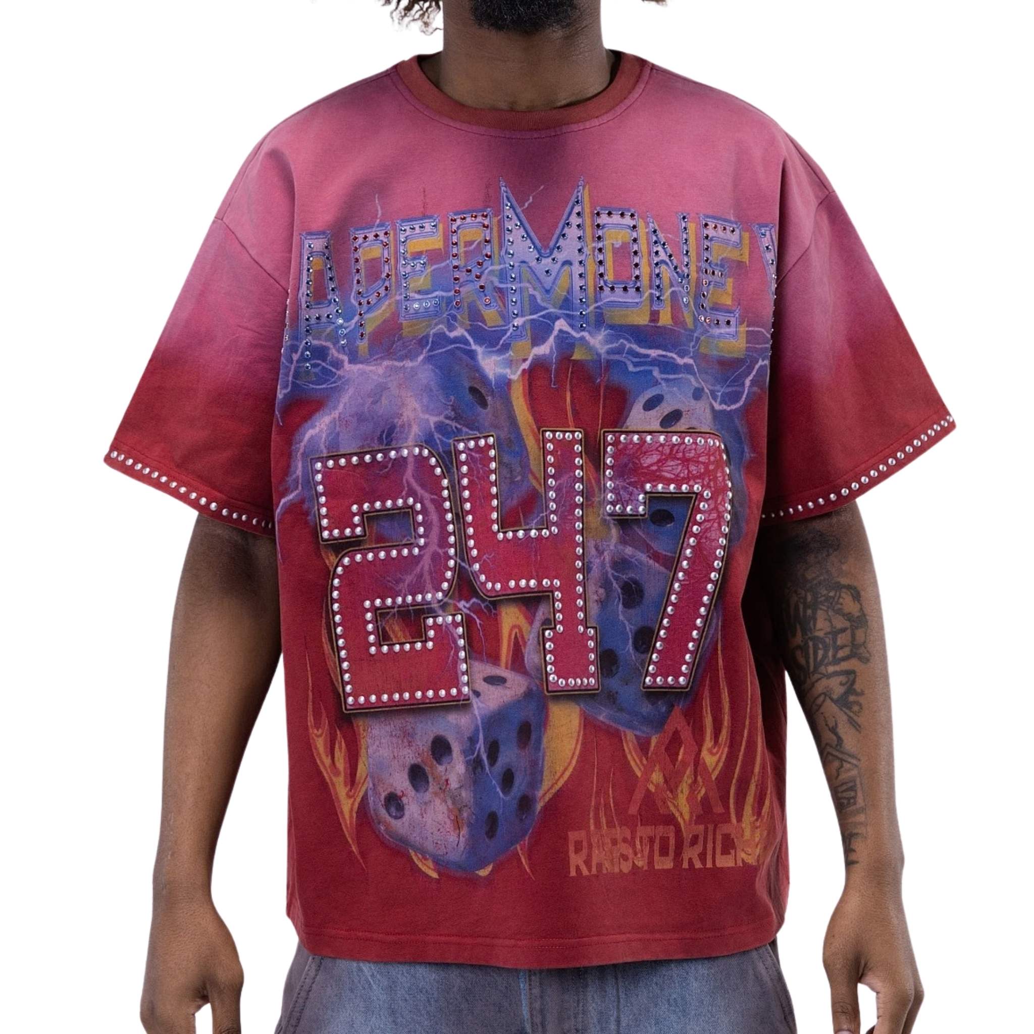 Red graphic tee with rolling dice artwork and studs – front view