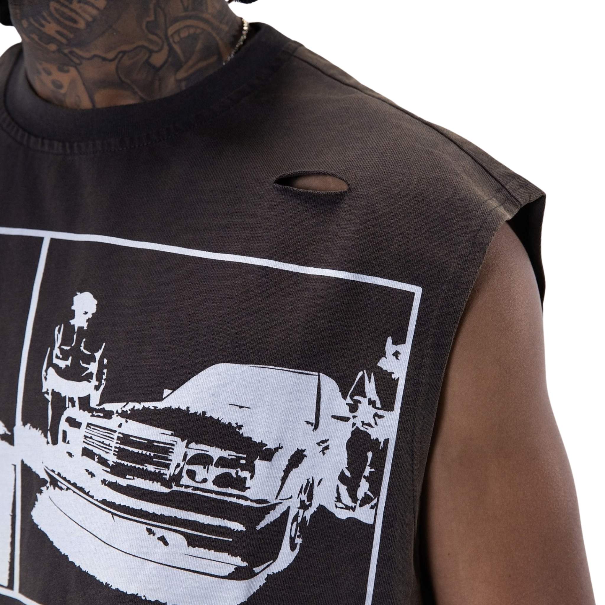 Distressed graphic tank top detail – heavyweight cotton sleeveless tee
