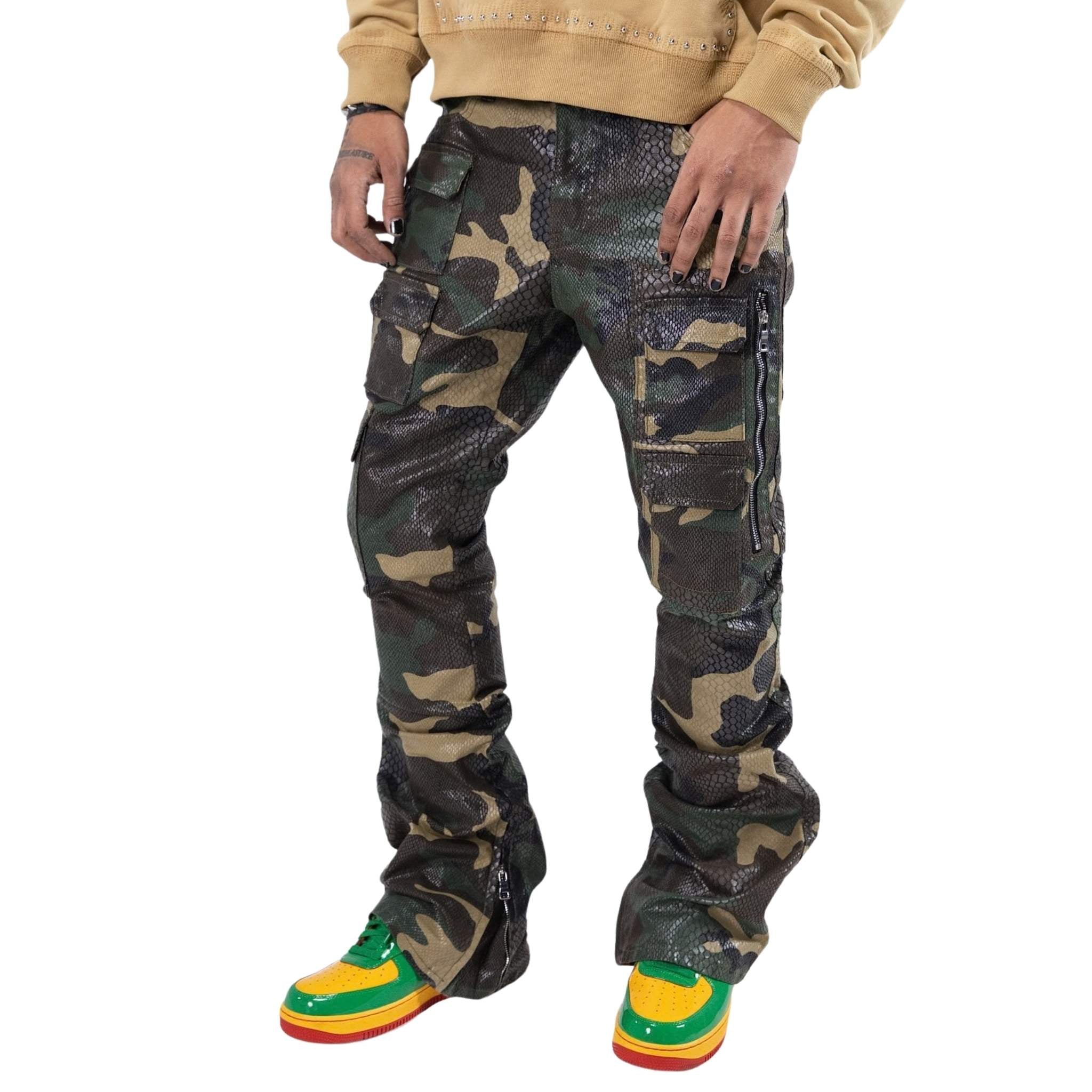 Green camo cargo pants with viper texture – Paper Money stacked fit pants