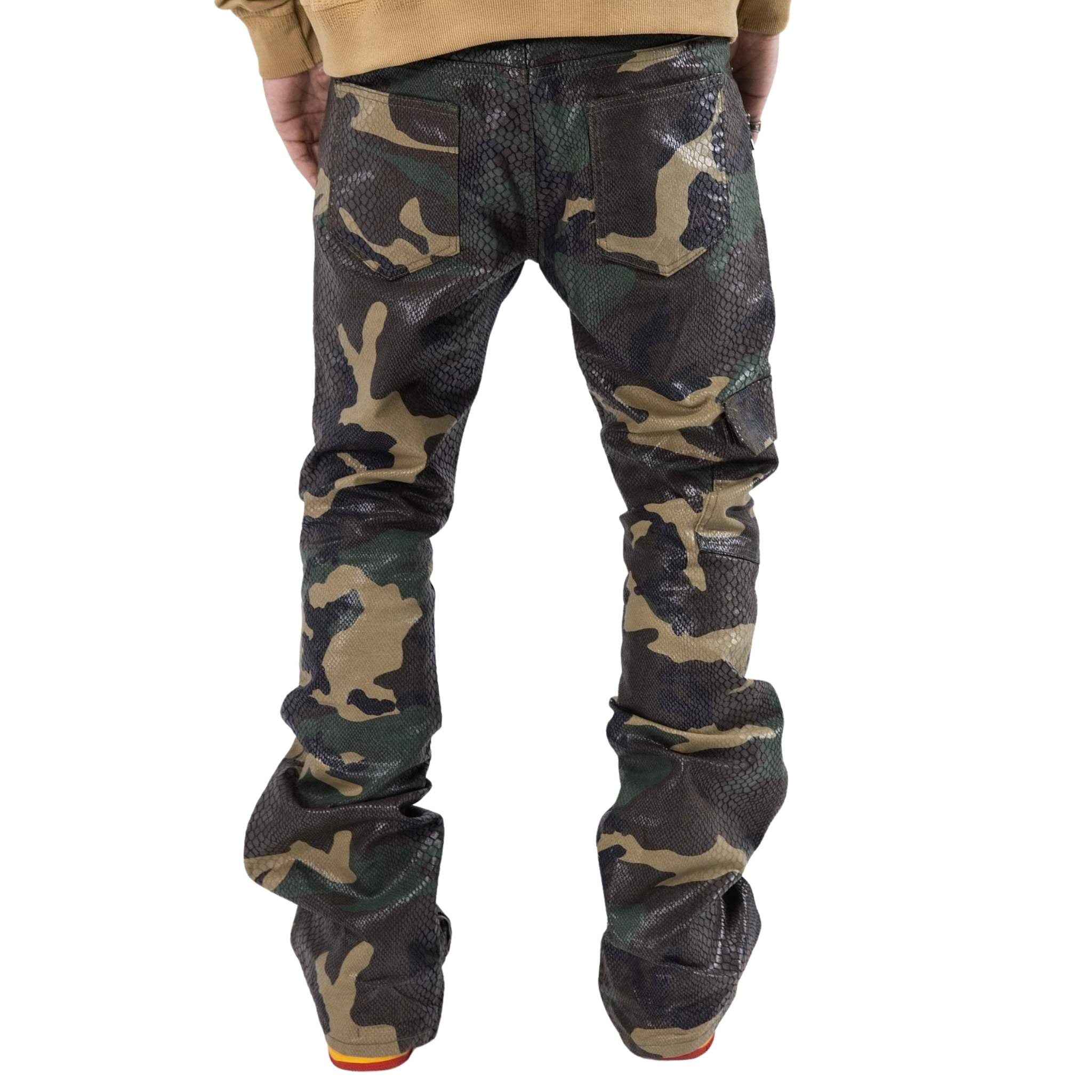 Green camo cargo pants back view with textured finish and utility pockets