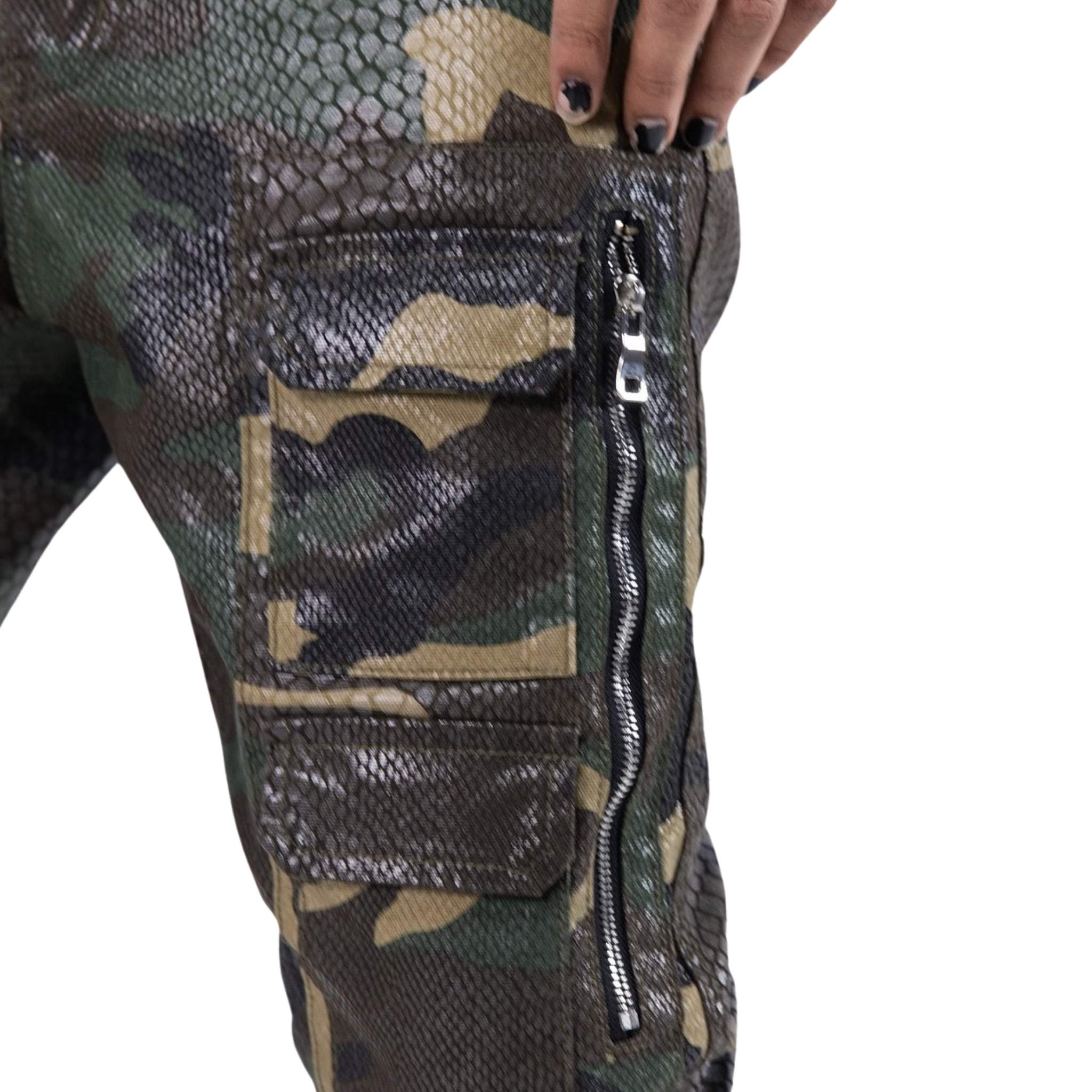 Textured viper scale camo pants detail with cargo pocket and zipper