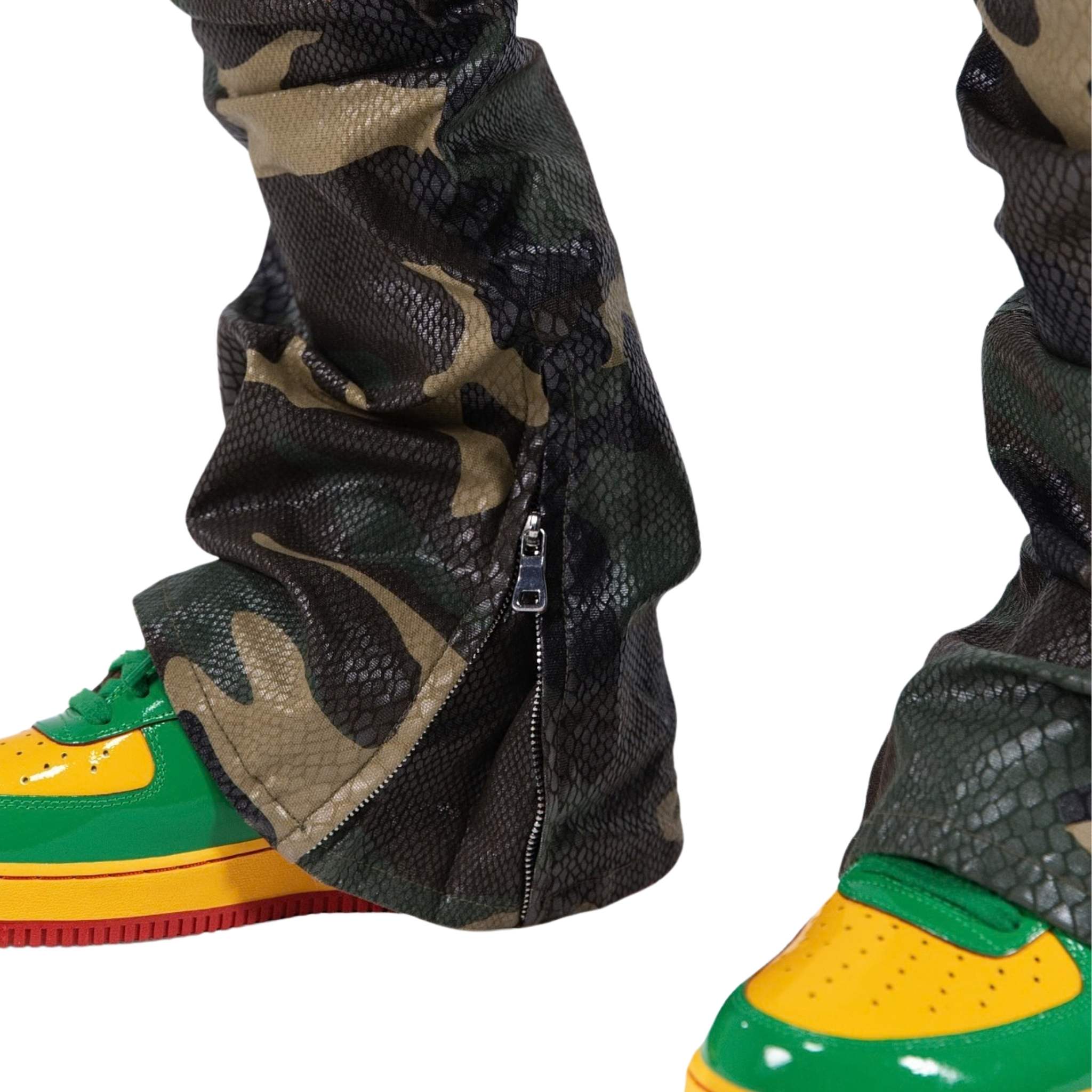 Textured viper scale camo pants detail with cargo pocket and zipper